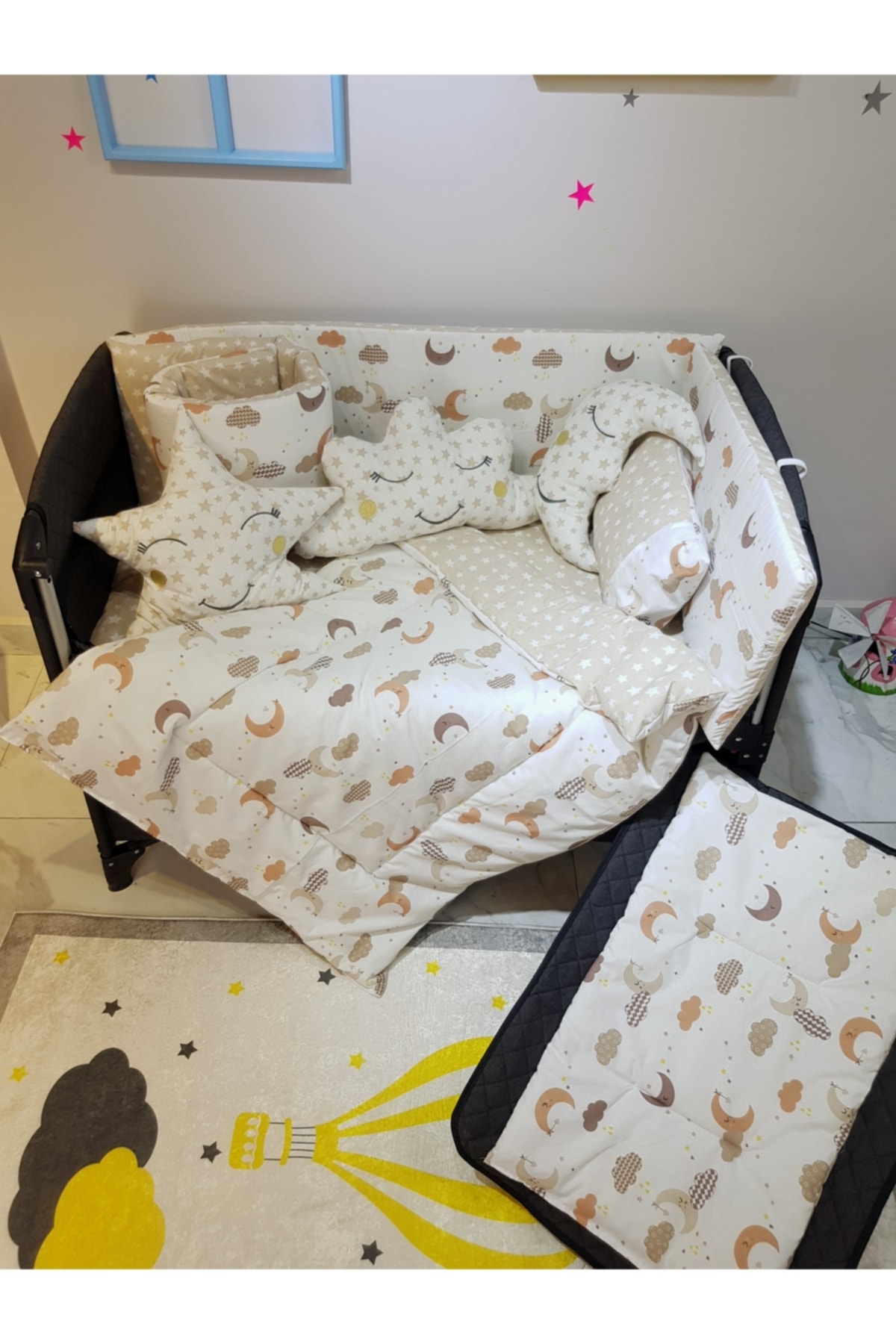 bebek_iklimi 70x110 Park Beşik İçin Cibinlikli 12 Parça Bebek Uyku Seti - Kahve Ay Yıldız Desen (Beşik Hariç) fotoğrafı 5 (önizleme)