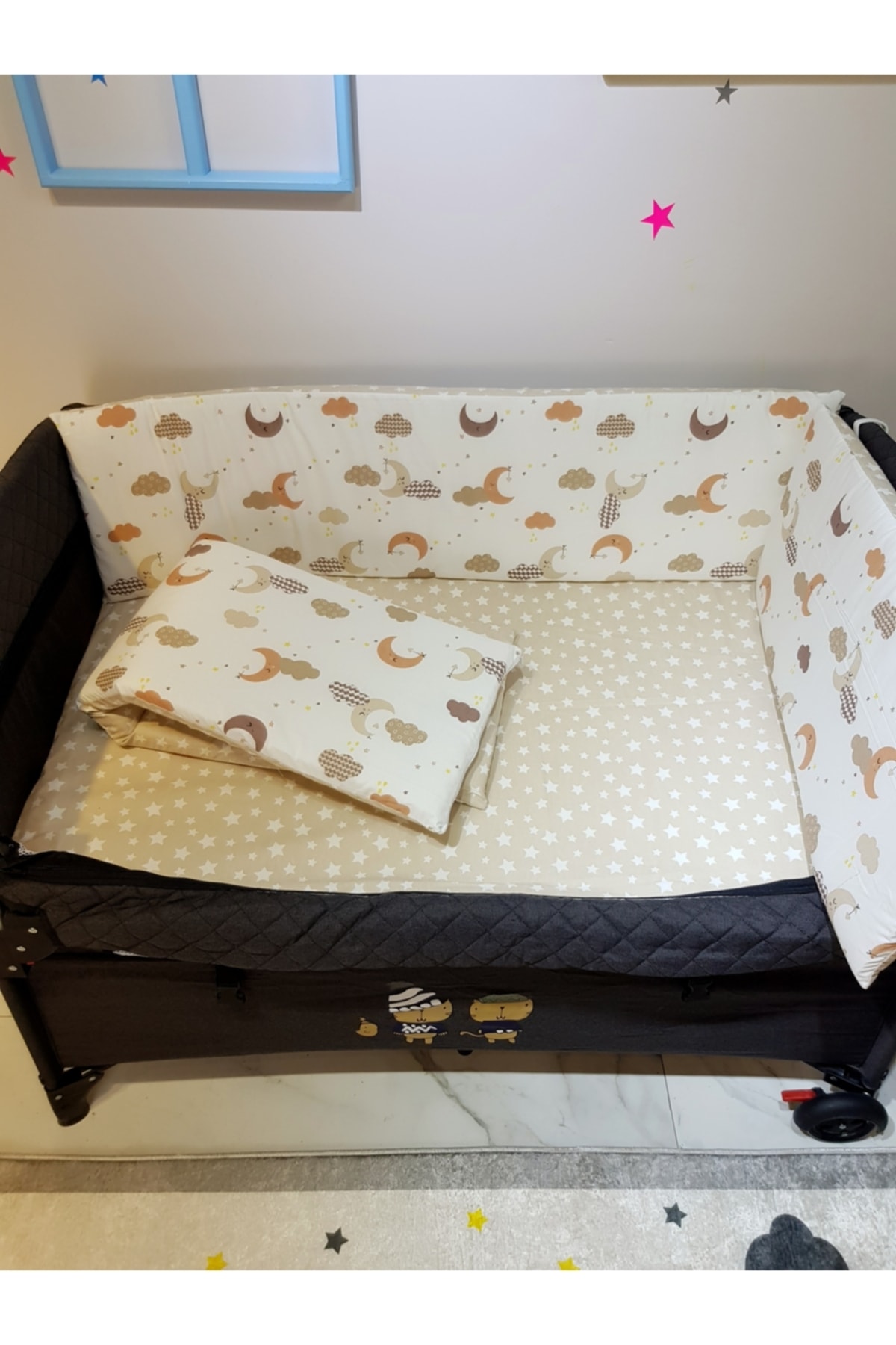 bebek_iklimi 70x110 Park Beşik İçin Cibinlikli 12 Parça Bebek Uyku Seti - Kahve Ay Yıldız Desen (Beşik Hariç) fotoğrafı 6 (önizleme)