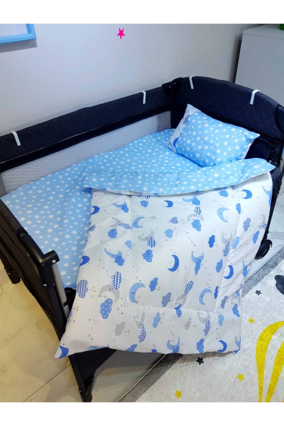 bebek_iklimi 70x110 Park Beşik İçin Cibinlikli 12 Parça Bebek Uyku Seti - Mavi Ay Yıldız Desen (Beşik Hariç) fotoğrafı 2 (önizleme)
