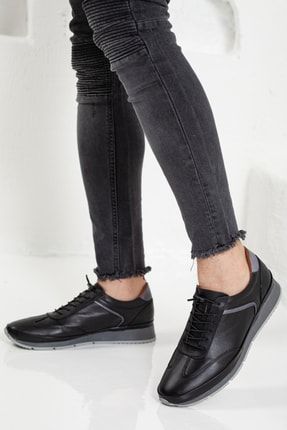 Erkek Sneaker Ayakkabı Hakiki Deri Siyah Gri Detaylı Spor Ayakkabı P138S4611