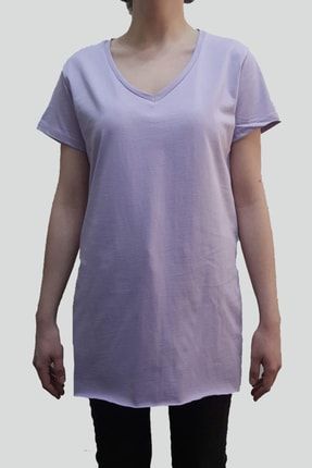 Kadın V Yaka Lila Uzun Pamuklu T-shirt 3491
