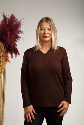 Boutique Arzu İnan Kadın Kahverengi V Yaka Bluz B1063