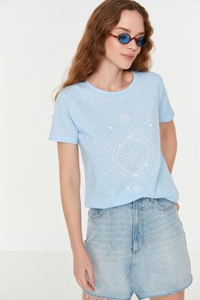 Mavi Baskılı Basic Örme T-Shirt TWOSS22TS0635