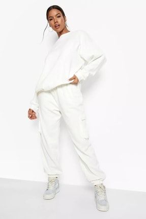 Beyaz Oversize Sweatshirt Boyfriend Model Kargo Çepli Eşofman Altı Takım YENI56ESFTKM