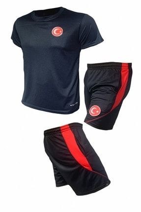 Erkek Siyah Türkiye Logolu Günlük Yürüyüş Fitness Koşu Spor Koşu Cepli Şort Futbol Spor Setleri 1707922
