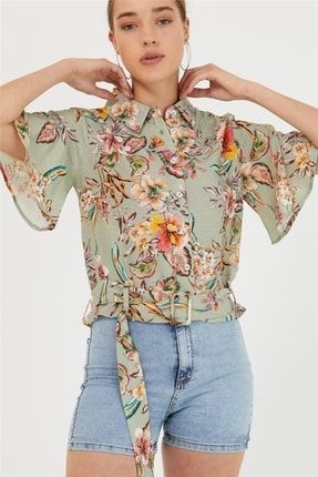 Kadın Çiçek Desen Kemer Detaylı Gömlek Haki 88SOS