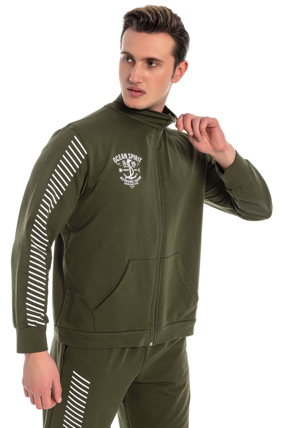 VISHENKA-Men's Printed Patterned Khaki Color Tracksuit Set with 2 Thread Pockets and Zipper Closure 4