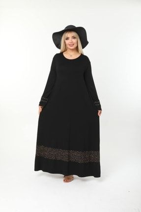 Kadın Büyük Beden Alt Şerit Puantiyeli Uzun Siyah Elbise 11ELB00001