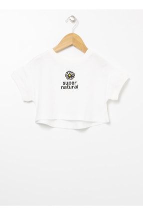 Limon Bisiklet Yaka Crop Nakışlı Ekru Kız Çocuk T-shirt - Super Gırl 5002802131