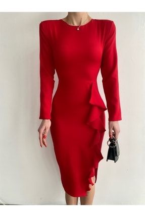 Ön Volanlı Elbise Kırmızı ANG-Mia-6340