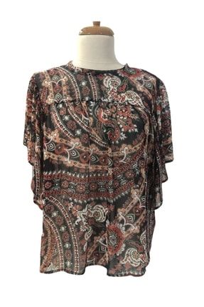 Kadın Kırmızı Etnik Desen Şifon Bluz Butika360