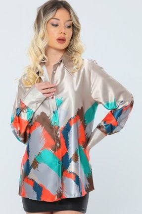 Vizon Kadın Retro Dökümlü Renkli Saten Gömlek P-036639