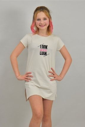 Kız Çocuk Yazı Baskılı Sırt Detay Tunik Elbise 10 - 16 Yaş 8552