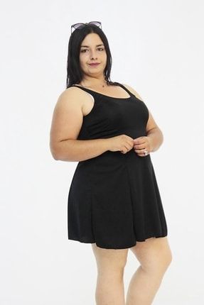 Büyük Beden Kadın Giyim Slipli Tek Parça Elbise Mayo Siyah B6803