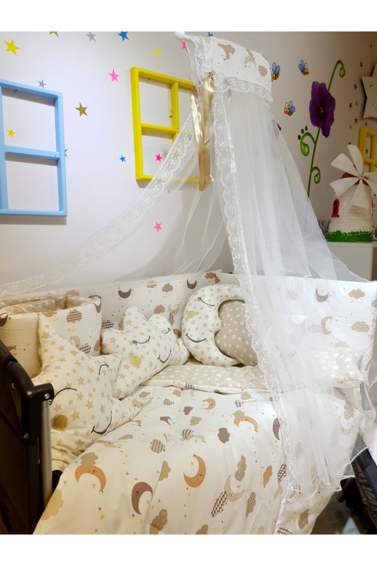 bebek_iklimi 70x110 Park Beşik İçin Cibinlikli 12 Parça Bebek Uyku Seti - Kahve Ay Yıldız Desen (Beşik Hariç) fotoğrafı 3 (önizleme)