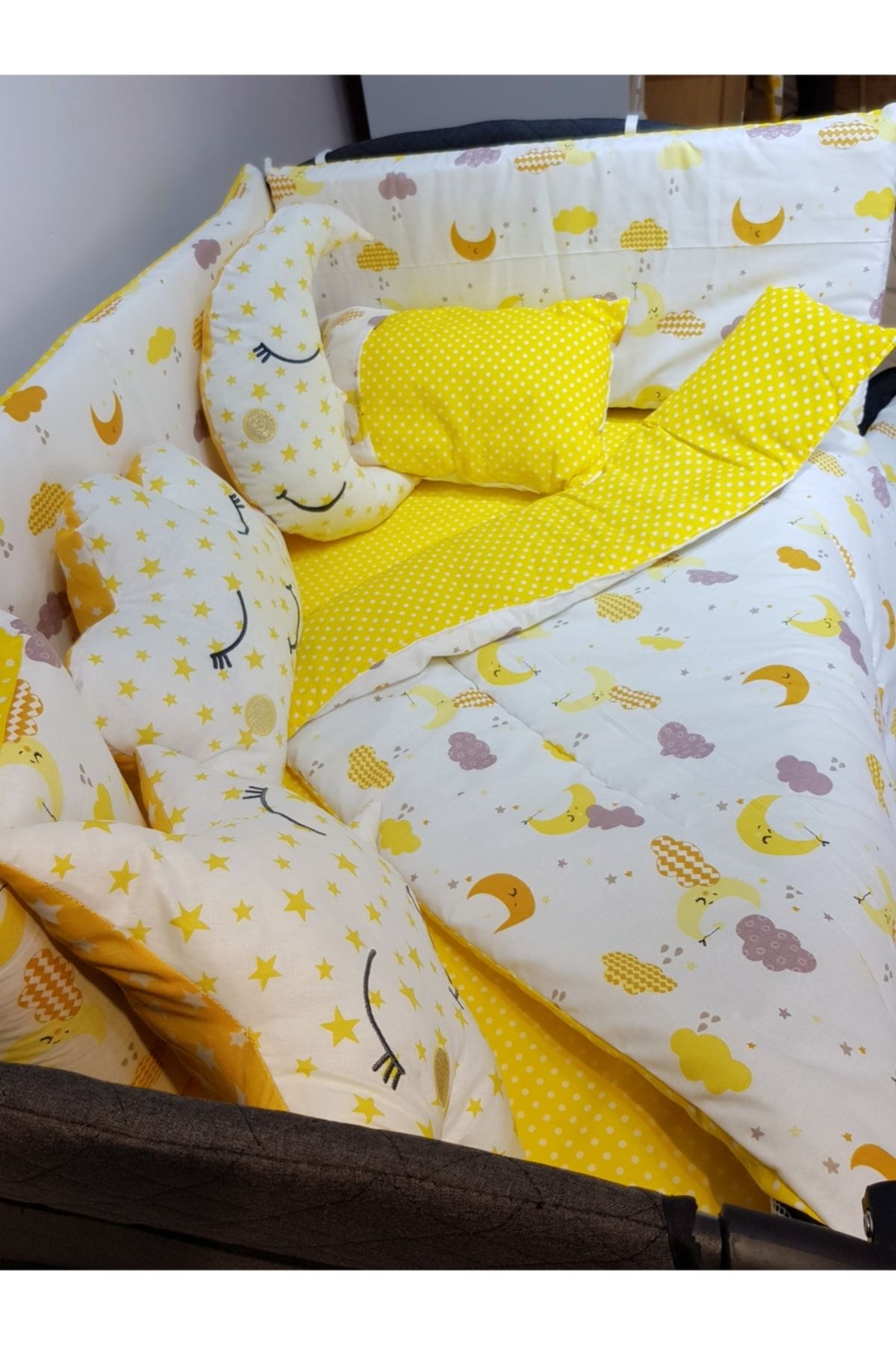 bebek iklimi-10 Piece Baby Sleeping Set for 70X110 Park Cribs - Yellow Crescent Star Pattern (Excluding the Crible) 6