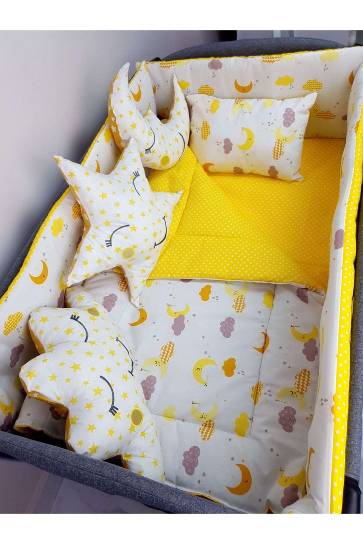 bebek iklimi-10 Piece Baby Sleeping Set for 70X110 Park Cribs - Yellow Crescent Star Pattern (Excluding the Crible) 2