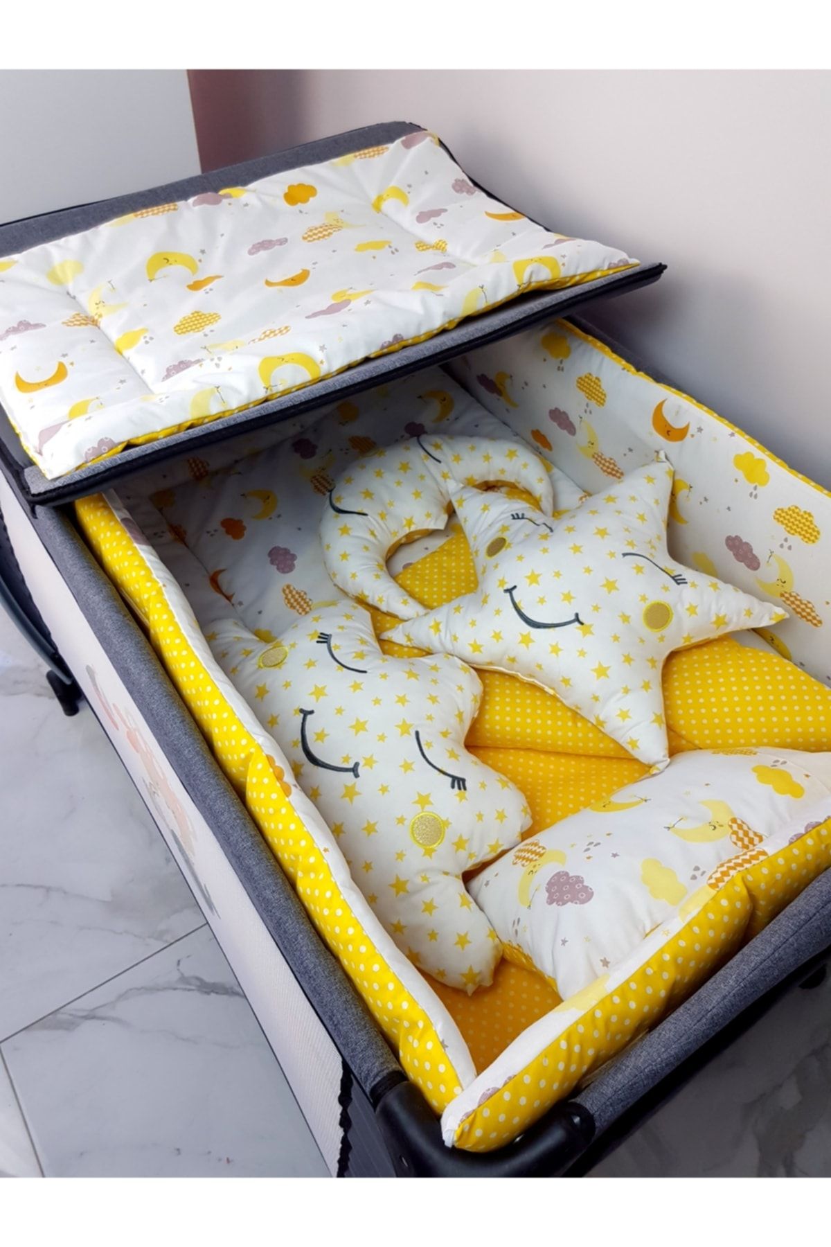 bebek iklimi-10 Piece Baby Sleeping Set for 70X110 Park Cribs - Yellow Crescent Star Pattern (Excluding the Crible) 4