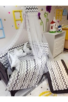 70x120 cm Bebek Uyku Seti Cibinlikli Zigzag Desen Park Beşiklere Uyumlu 12 Parça TAN10009