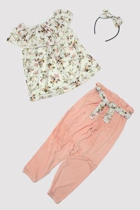 Yazlık Kız Çocuk %100 Polyester Dar Kalıp Emprime Çiçekli Bluz-pantolon-taç Üçlü Takım 13081