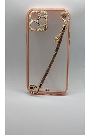 Iphone 11 Pro Max Kılıf Swarovski Taşlı Zincirli Kamera Korumalı Gold Çerçeve Kenar Renkli Kılıf Taşlı Zincirli 11 Pro Max