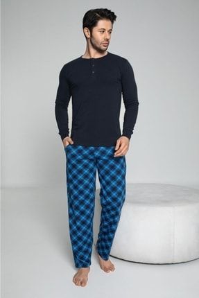 Erkek Lacivert Uzun Kollu Ince Akare Pijama Takımı MDRY22349