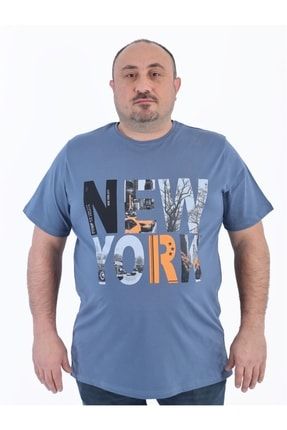 Büyük Beden Erkek T-shirt Bis Yaka New Yourk Koyu Mavi 22102