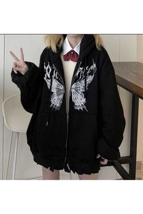 Anime Gothic Harajuku Butterfly Siyah (unisex) Fermuarlı Kapşonlu Sweatshirt brdssweat