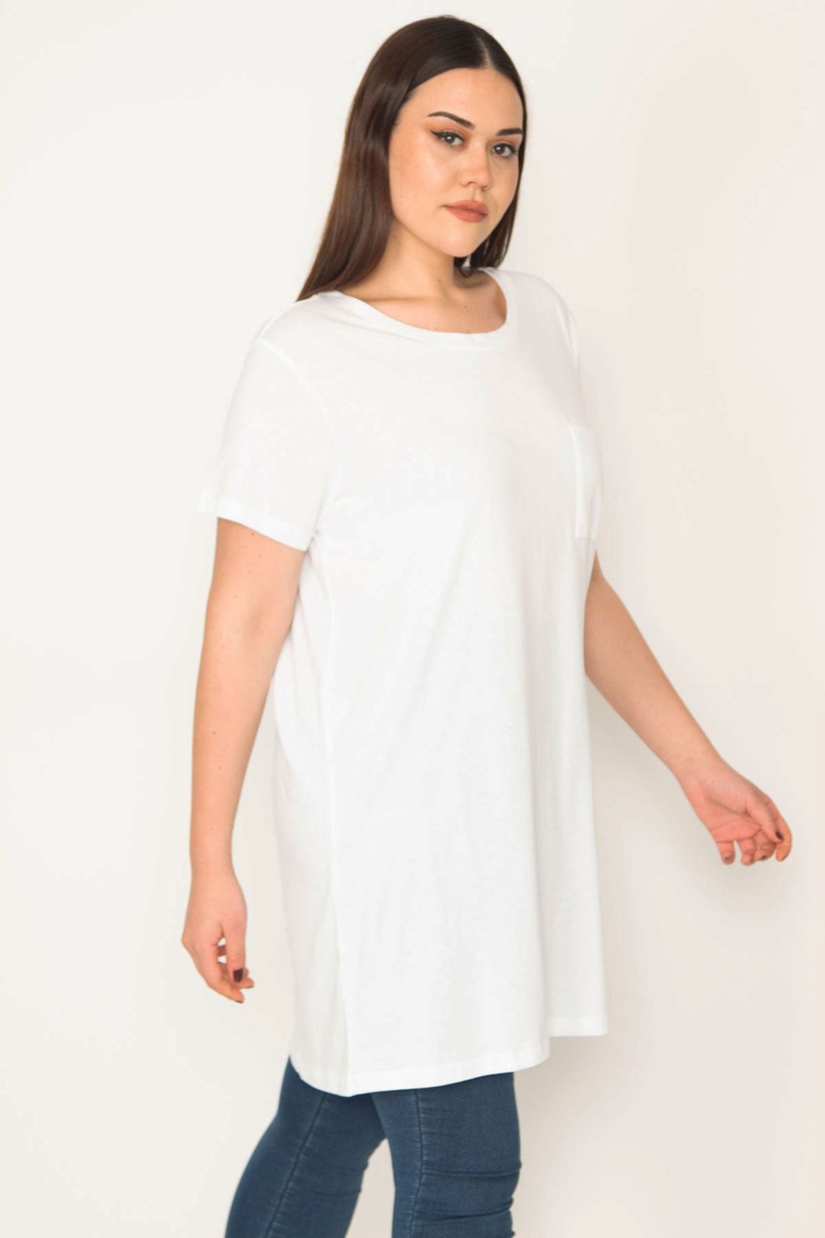 Şans-Women's Large Size White Cotton Fabric Peto Pocket Tunic 65n31752 3