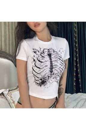 Gothic Skeleton Cage Yarım Beyaz Kadın T-shirt nefigocrskeletonb