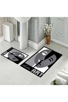 Gri Zeminli Yüz Desenli Yazılı Banyo Paspası Klozet Takımı 40x60cm Ve 60x100cm ART01