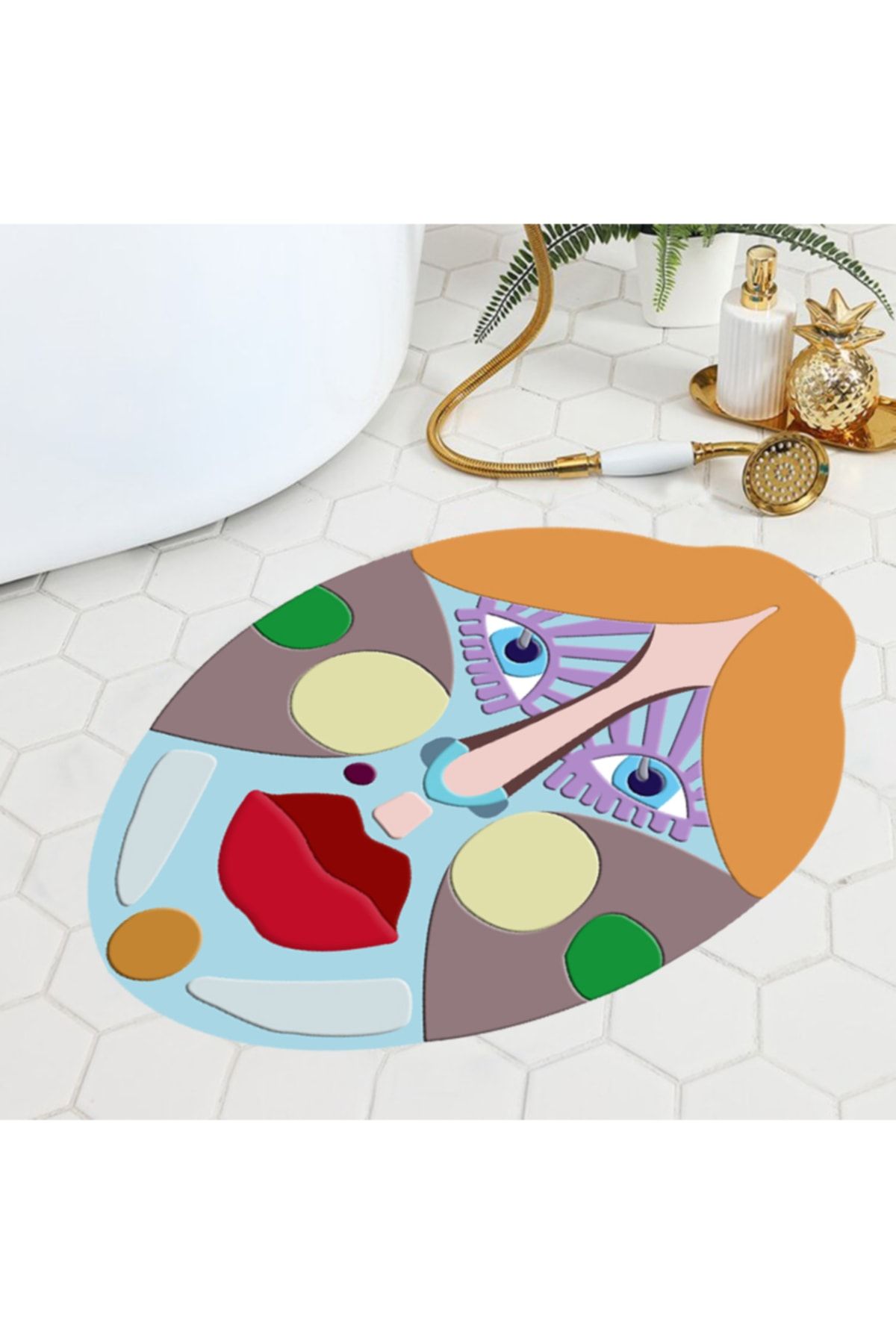 eco concept Banyo Paspası, Renkli Yüz Desenli 60x80 Dekoratif Kaymaz Taban Yıkanabilir Halı