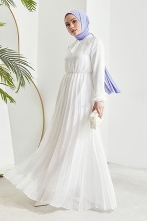 Piliseli Limelda Şifon Tesettür Elbise - Beyaz MS00ANT5035