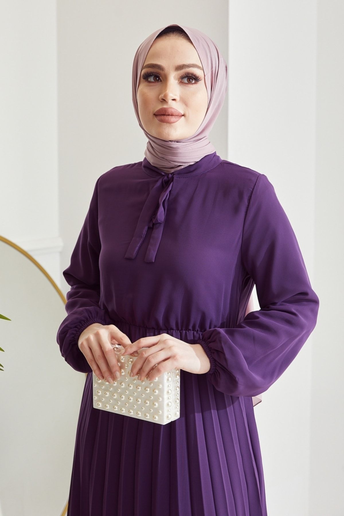 InStyle-Plisowana sukienka z szyfonowym hidżabem Limelda - fioletowa 3