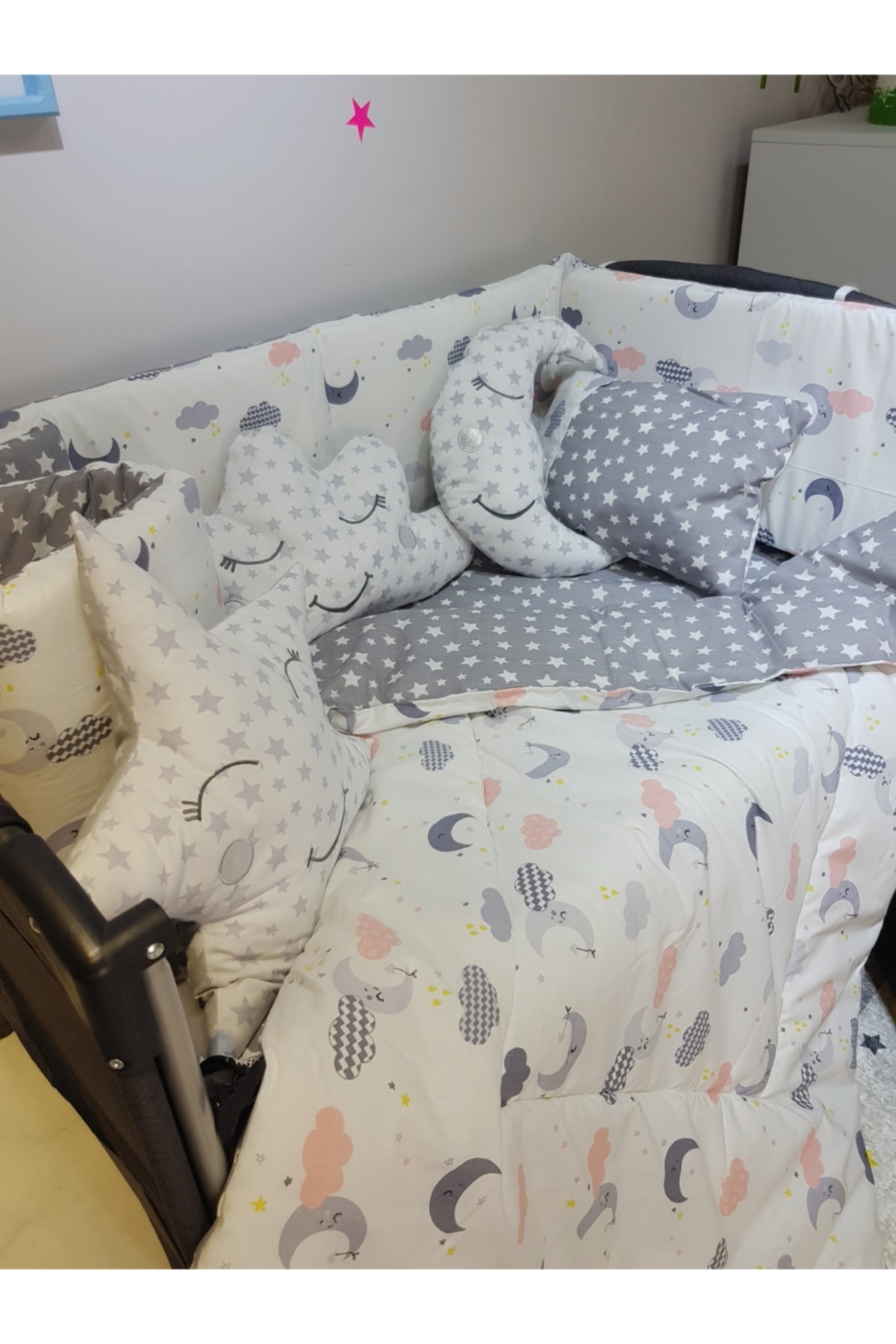 bebek_iklimi 70x110 Park Beşiklere 10 Parça Bebek Uyku Seti - Gri Ay Yıldız Desen (BEŞİK HARİÇ) fotoğrafı 5 (önizleme)