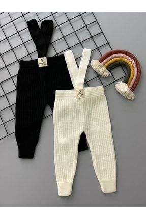 Siyah/Ekru Ikili Set Yüksek Bel Önden Çapraz Askılı Fitilli Unisex Bebek Triko Tayt Pantolon ikiliset01