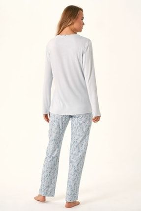 Feyza 4522 Kadın Mavi Klasik Desenli Uzun Kol Yaka Düğmeli Pijama Takımı FEYZA4522