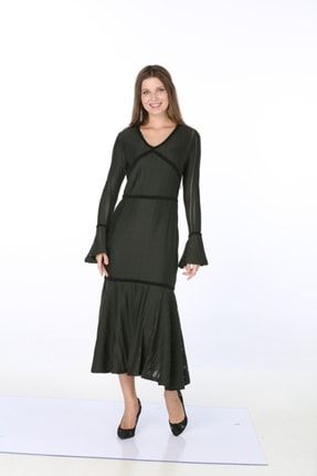 Kadın V Yakalı Dar Şerit Garnili Örme Elbise (ASTARLI SATILIR) HN025