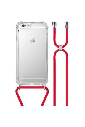Apple Iphone 6 6s Uyumlu Boyundan Askılı Şeffaf Darbe Emici Silikon Telefon Kılıfı Kırmızı Asbemybx-1001