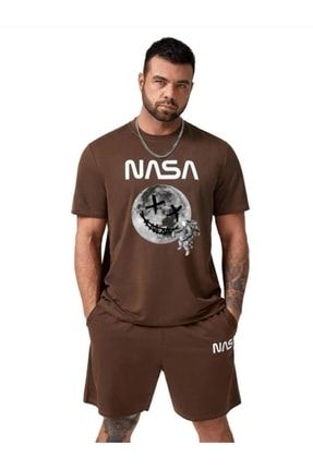 Erkek Kahverengi Alt Üst Nasa Astronot Baskılı Şort Tişört Takım benisengiydirnasaşorttakım
