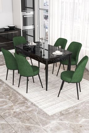 Via Serisi Açılabilir Mutfak Masa Takımı- Siyah Mermer Desen Masa+6 Yeşil Sandalye CNS1266