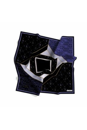 Saks Mavi Siyah Twill Eşarp Geometrik Desen Black Seri Taşıma Çantası Ile Birlkte 90x90 Cm 1060