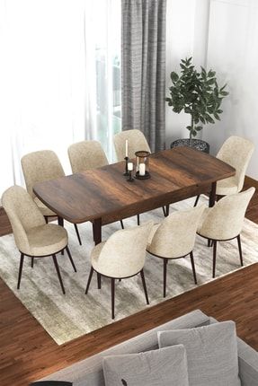 Via Serisi Açılabilir Mutfak Masası Takımı- Barok Ahşap Desenli Açılabilir Masa +8 Krem Sandalye CNS35VİABRK08
