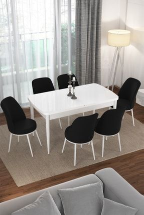 Via Serisi Açılabilir Beyaz Renk Mutfak Masası Takımı, Yemek Masası+6 Siyah Sandalye CNSBYZ64