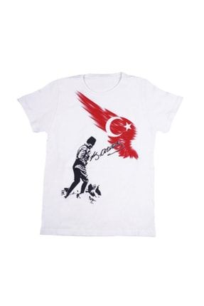 Kisa Kollu Digital Baskili Turk Bayragi Desenli Beyaz Siyah Kirmizi Ataturk Resimli T-shirt 8856