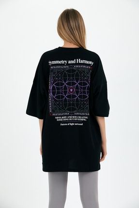 Harmony Siyah Kadın Oversize Geniş Kalıp Bisiklet Yaka Baskılı Kısa Kollu T-shirt HARMONYK1001