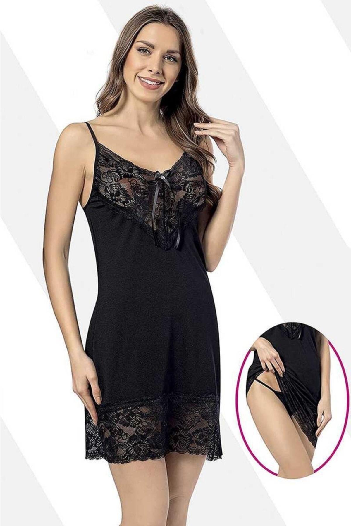 KOTA Kadın Ip Askılı Dantelli Gecelik Takımı (iç Çamaşırlı)