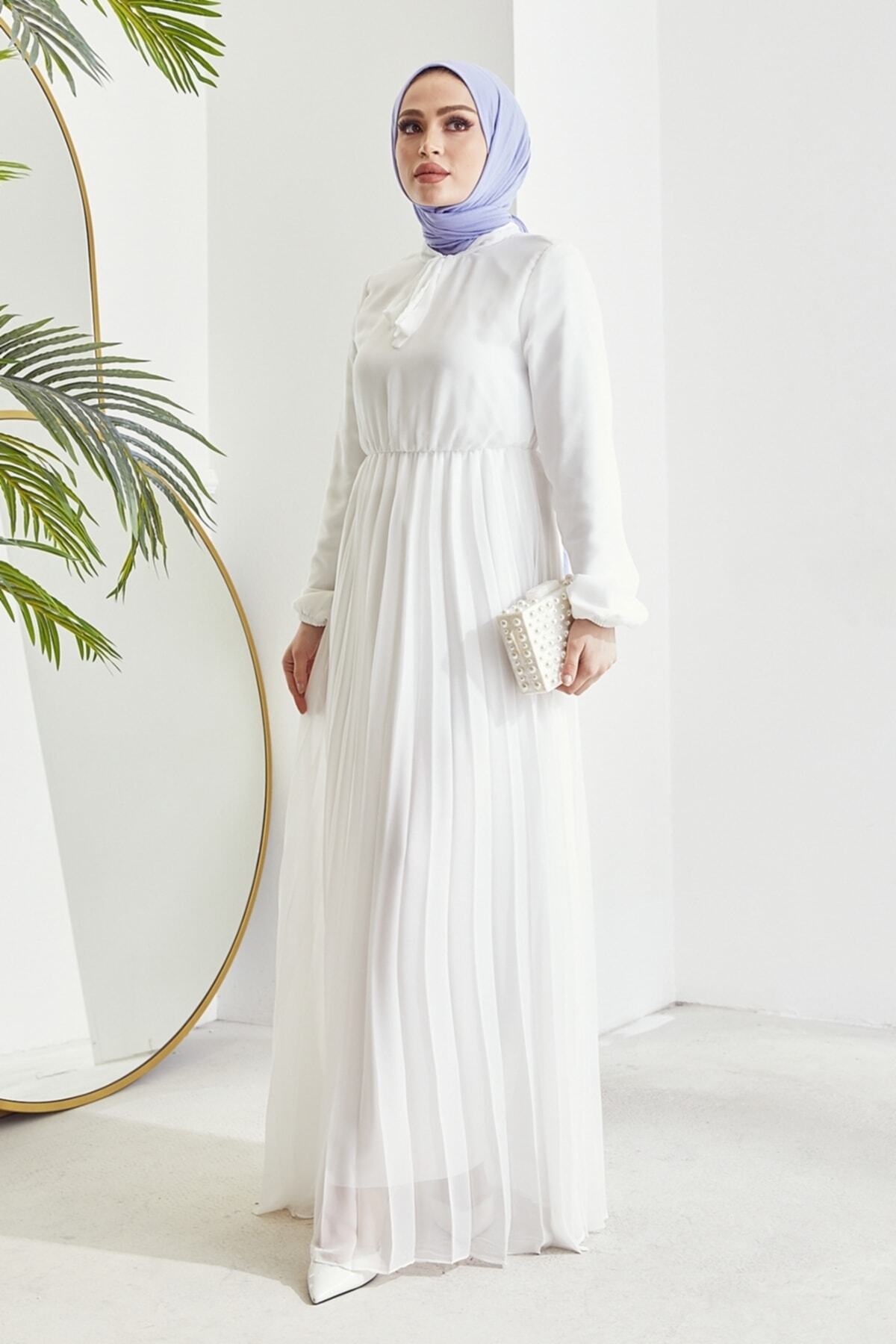 InStyle-Plissiertes Limelda-Chiffon-Hijab-Kleid – Weiß 5
