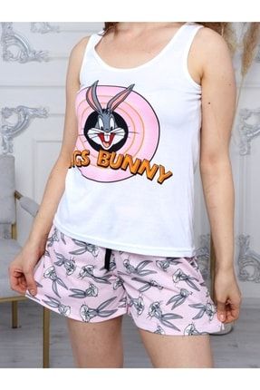 Bugs Bunny Baskılı Kadın Pijama Uzun Eşofman Tişört Pantolon Takımı Gecelik 4P1RNK