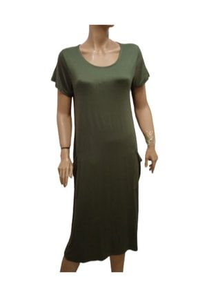 Kadın Haki Yeşil Yarim Kol Sıfır Yaka Viskoz Elbise 328467